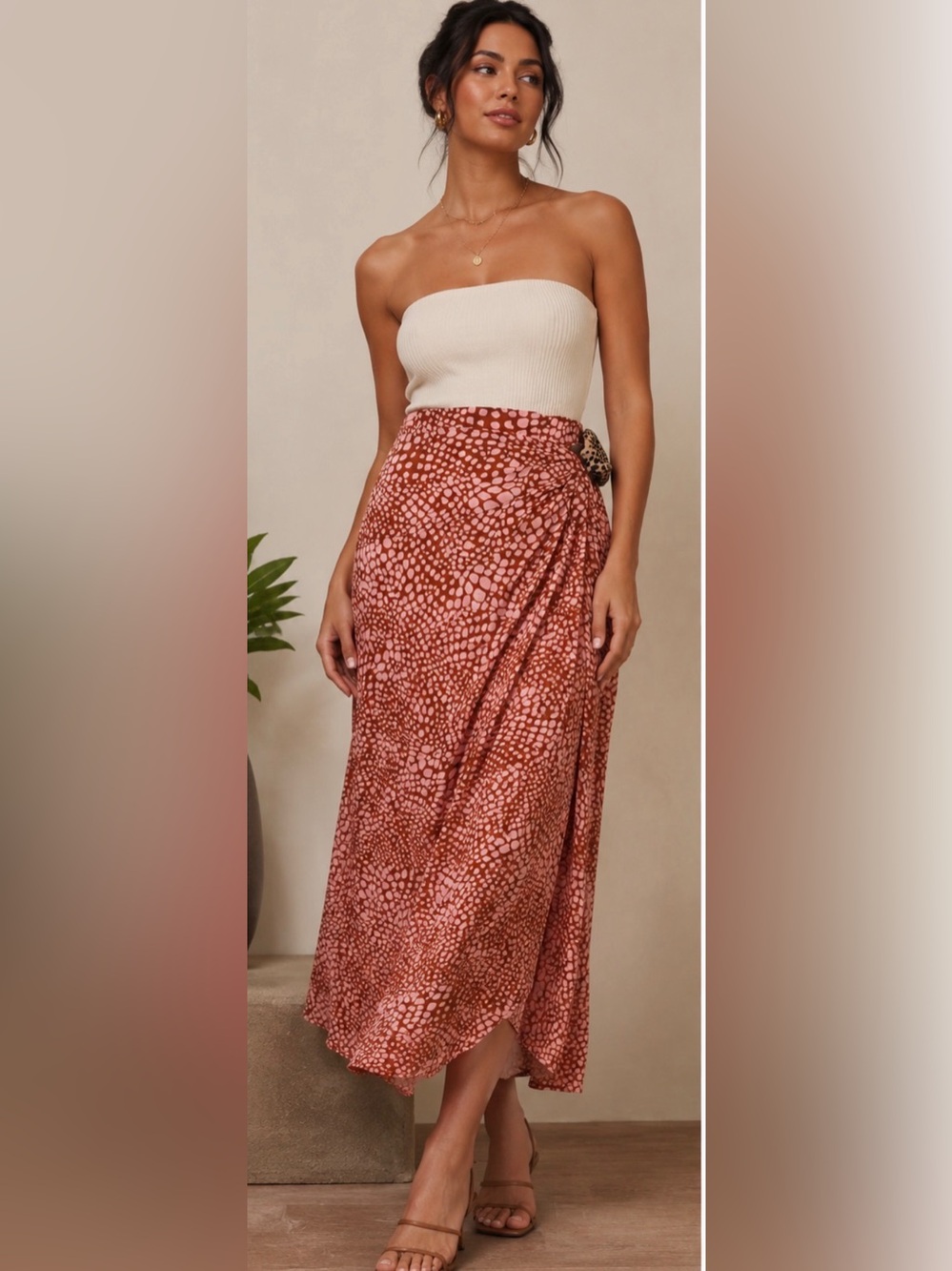 Anthropologie Brown & Pink Animal Print Wrap Midi Skirt Size 10
